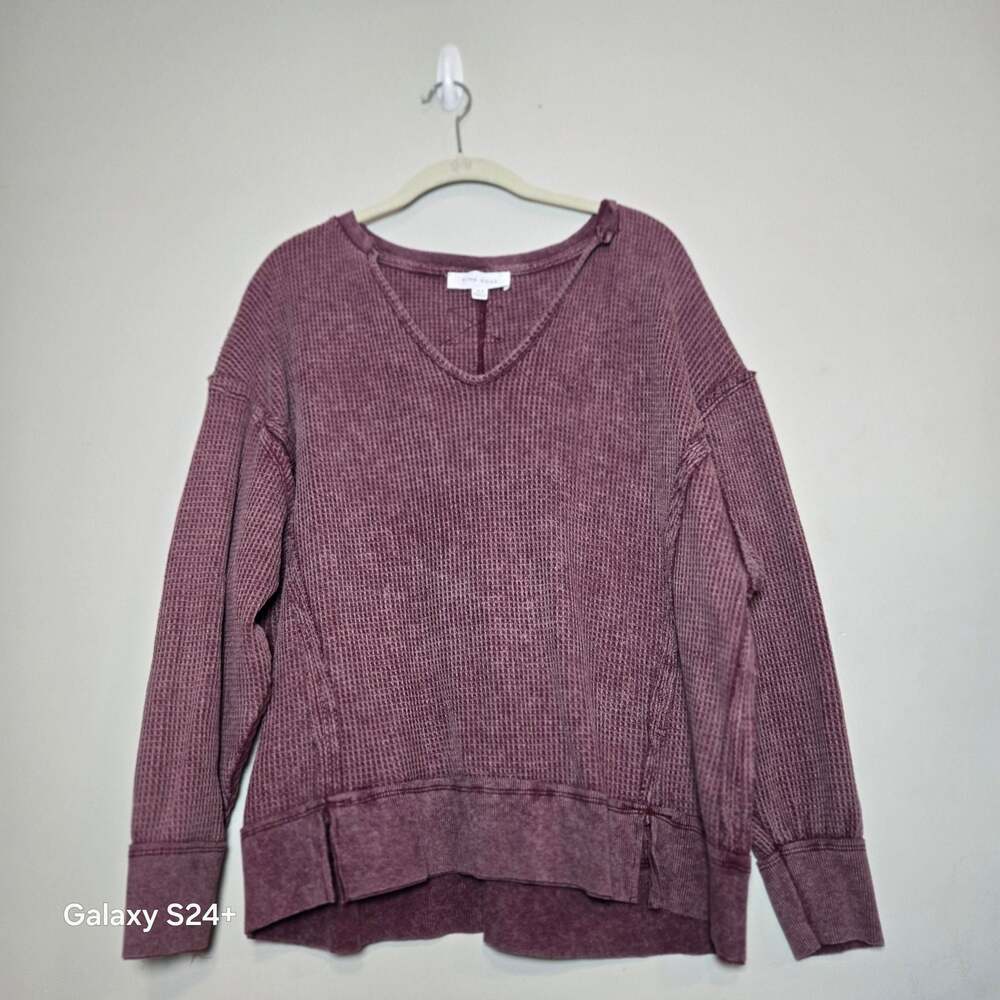 Pink Rose Women's V-Neck Waffle Knit Thermal Long Sleeve Top